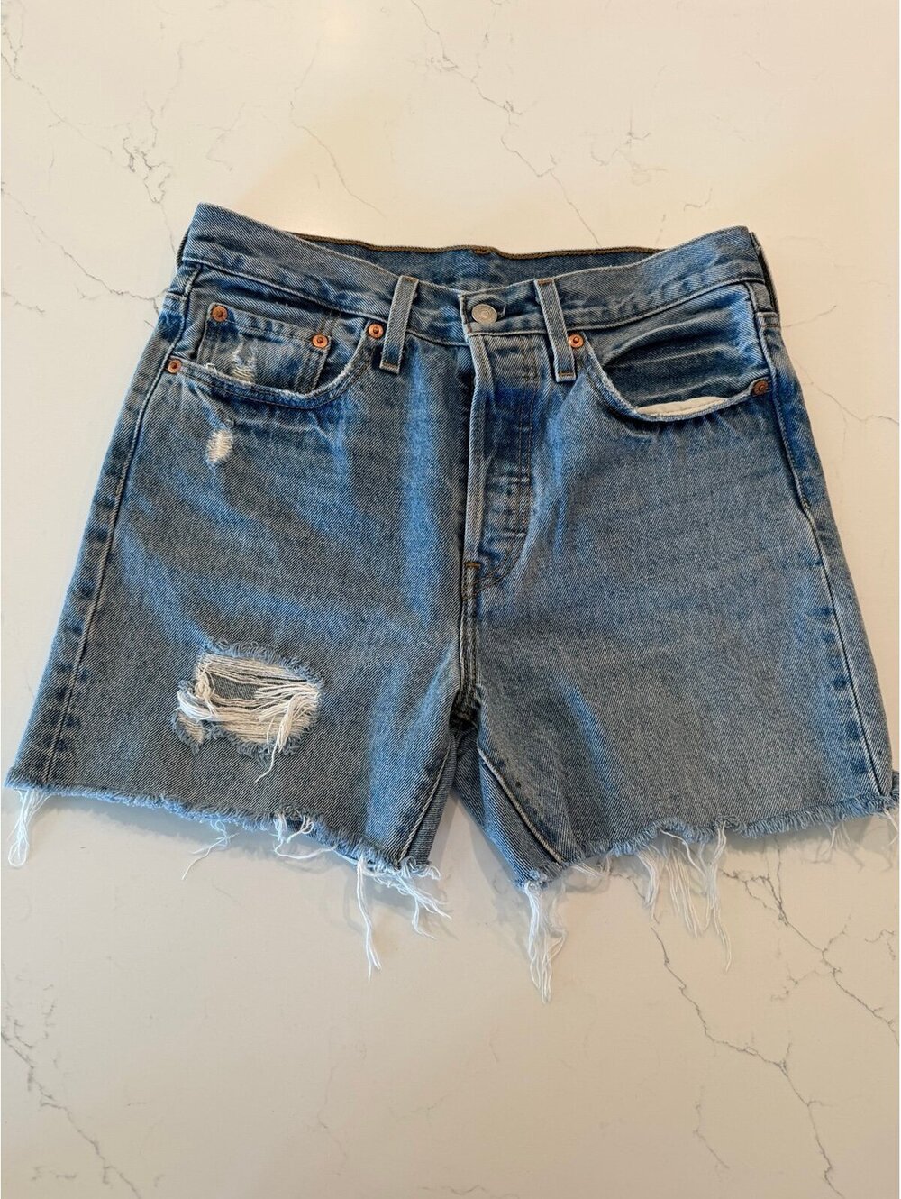 Levi's Premium 501 Cut-Off Denim Shorts Light Blue Distressed Women's Size 28
